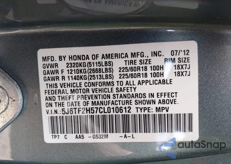 2012 Honda Crosstour Ex-L from USA, damaged, VIN 5J6TF2H57CL010612